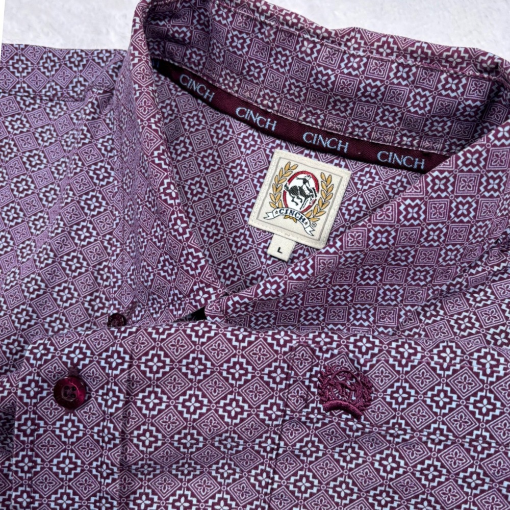 Cinch Western Shirt Mens L Purple Geometric Pocket Logo Long Sleeve Rodeo Cowboy